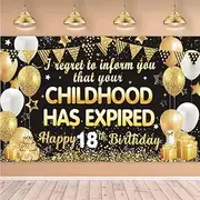 18th Birthday Banner Backdrop I Regret to Inform You Your Childhood Has Expired Backdrop Black Gold for Boys Girls 18 Years Old Party Decorations Photo Booth Background Photoshoot Banner