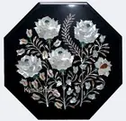 Black Marble Side Table Shiny Gemstone Inlay Work Coffee Table Top for Hallway