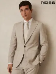 Reiss Oatmeal Brown Alfie Slim-Fit Single-Breasted Wool Check Suit Blazer (G00359) | $720