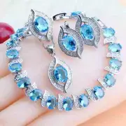Unique 4 pc 925 Silver Created Blue Topaz Jewelry Set - 8, 9 ring size