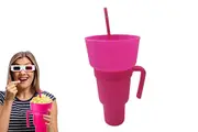 Reusable Tumbler Popcorn Cup Beverage Snack Multifunctional Split Cup With Straw-Pink