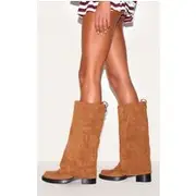 Camel Faux Suede Block Heeled Fold Over Knee High Boots, Camel