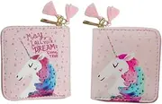 [ANDRESLAD] Unicorn Design Slim Wallet for Women Ladies Purse Pu Zipper Cute Cartoon Purse for Student