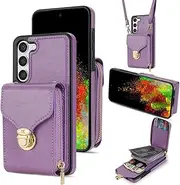 Compatible with Samsung Galaxy S23 5G Wallet Case Crossbody Strap Leather Zipper Credit Card Holder Clasp Stand Cell Accessories Phone Cover for S 23 23S GS23 G5 SM-S911U 6.1 inch Women Purple