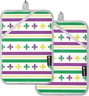 Large Pot Holders Heat Resistant Mardi Gras Striped Purple Carnival Royal Lily Potholders for Kitchens with Pocket Hot Pot Holder Pads Oven Mitts 2 Pack