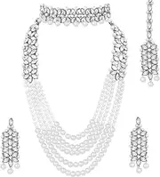 [Aheli] Silver Plated Crystal & Beads Studded Bridal Short & Long Necklace Earrings Maangtikka Jewellery Set for Women, One Size, Metal, No Gemstone
