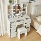 Vanity Set Makeup Desk Stool Dressing Table with Drawers 10 LED Lighted Mirror