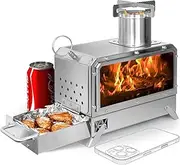 GoHawk Portable Wood Burning Camp Stove Mini Heater Burner with Fireproof Glass Window 304 Stainless Steel Cooking Oven Grill Heating Tray for Camping Tent Fishing Hiking Picnic BBQ