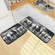 Kitchen Mats for Floor, 2 Piece, Group Horse Black White Funny Cute Washable Non-Slip Kitchen Rugs Set for Home & Office, Sink, Laundry, 19.7” x 27.6” + 19.7” + 47.2”