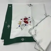 Floral Embroidered 34" Square Tablecloth & Napkins (4) ~ Polyester White & Green