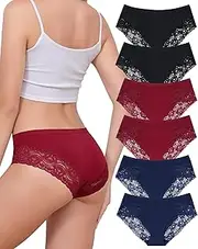 [Aijolen] Women's Cotton Briefs with Lace Bikini Panties Breathable Medium Waist Hipster Soft Women's Underwear Pack of 6