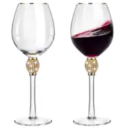 Set Of 2 Wine Glasses With Gold Rhinestone Balls on Stems Wedding Present