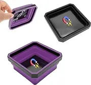 Yourkar Collapsible Magnetic Parts Tray, 4.5 Inch Foldable Magnetic Square Silicone Tray, Tool Tray Set with Double-Sided Magnetic Base for Screw Bolts Nuts Pins, Car Accessories (Black+Purple, 2PCS)