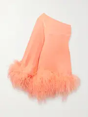 [Taller Marmo] Taller Marmo - Piccolo Ubud One-shoulder Feather-trimmed Crepe Mini Dress - Peach - IT46 IT 46 Orange