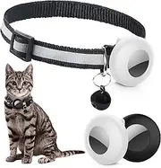 Cat Collar Airtag, 1 Reflective Cat Collar with Bell and 2 Silicone Waterproof Apple Airtag Holder, Adjustable Cat Airtag Collar for Girl Boy Cats Dogs Kitten Puppy (Black, White)