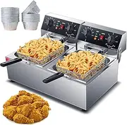 Commercial deep fryer, Dual Tank 20L Countertop Electric Oil Fryer with Basket and Lid,with 125 300ML Tin Foil Cups, 30 Minute Timer Temperature Control 3000 Watts for Restaurant and Home Use