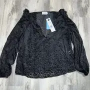 Tanya Taylor Designs Lucy Top Blouse V-Neck Ruffle Black Sheer MSRP $365 XS NWT