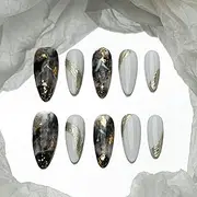 Sun&Beam Nails Handmade Press-on Medium Long Amlond Silver White Ombre Gradation Hand-Painted Design Fashion False Nail Tips 10 Pcs Set (#209 XS)
