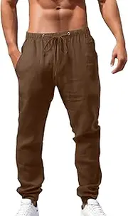 [Generic] Mens Cotton Linen Pants Relaxed Fit Casual Joggers Pants Drawstring Elastic Waist Summer Beach Trousers with Pockets
