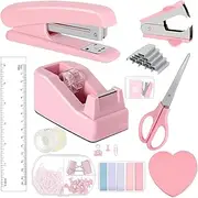 Mini Office Supply Kit, Mini Desktop Office Stationery Includes Stapler, mini Stapler, Nail Starter, Paper Clips, Dovetail Clips, Tape Cutter, Sticky Notes, Scissors (Pink)