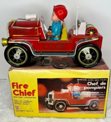 China ME-699 Historic Fire Department CHIEF CAR Batt. Op. Tin Toy MIB`70 RARE!