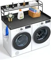 [VEVOR] Washing Machine and Dryer Worktop with 2 Tier Shelf, 137 x 70 cm Wood Washing Machine Dryer with Non-Slip Pads, Waterproof Laundry Cover, Black
