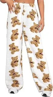 [DSAoTeng] Women Warm Plush Fleece Bear Print Pajama Pants-Casual Soft Cozy Elastic Wide Leg Fluffy Home Bottoms for Winter Home Wear