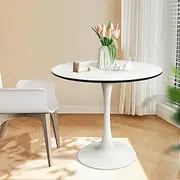 LEVEDE 80cm Round Dining Table, Kitchen Table with Marble Finish Top and Metal Frame, Coffee Table Indoor Outdoor, Multi-Purpose Table for Dining Room, Meeting Room, Cafe (White)