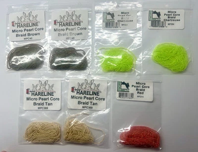 HARELINE MICRO PEARL CORE BRAID & PEARL CORE BRAID / 17 PACK LOT / FLY TYING