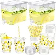 Kochorie 2 Pack 2.3 Gallon Plastic Drink Dispenser with Spigot 50 Pcs 12 OZ Disposable Lemonade Paper Cup with Lid and Straw Lemonade Stand Supplies for Beverage Tea Juice Fruit Party Drinks