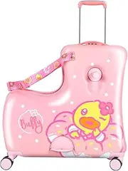 [eing] Children's Ride-On Travel Suitcase With Wheels, Password Lock, 20 Inch Trolley Luggage, Pink Flower, 24