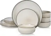 [E-far] 12-Piece Plates and Bowls Set, Stoneware Dinnerware Sets for 4, Reactive Glaze Dinning Ware Dishes, Microwave & Dishwasher Safe - Sandy Beige