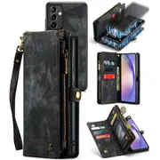 CaseMe For Samsung Galaxy A54 5G Zipper & Detachable Retro Leather Pouch Wallet Flip Purse Bag Detachable Phone Case Cover (Black)
