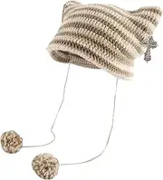 [Baynoyia] Women Y2K Crotchet Hat Cat Ear Knitted Hat Beanies Vintage Gothic Grunge Beanies with Pompom Fox Knitted Cap