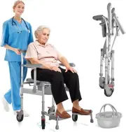Shower Wheelchair, Bedside Commode, 4 in 1 Rolling Shower Chair with Bucket