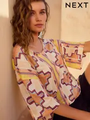 Yellow/Ecru/Brown Striped Tile Print Linen Modal Blend Soft Touch Scoop Neck T-Shirt (AD3634) | $45