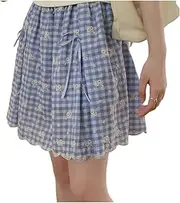 [POMN] Lace Plaid Pleated Short Skirt for Girls - Bow Soft Cotton Blend, Elastic Waist Cute School & Play Outfits A-Line Skirts