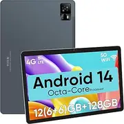 Weelikeit 10.1'' Android 14 Tablet - 128GB+12GB RAM, 1TB TF, Octa-Core, 2K Display, 6000mAh Battery, 4G-LTE, Bluetooth 5.0, 13MP+8MP Camera, GPS, Type-C, Metal Body, Gray