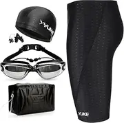 通用 Men's Jammer Swimsuit,5 Pack Racing & Training Jammer Swimsuit Set for Men - Elastic Streamlined Jammer Swimwear with Cap, Goggles, Ear Clips, Nose Plugs, Swimming Bag, Swimming Pants Black