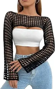 [CAMNOW] Womens Crochet Crop Tops Y2k Knit Shrug Sweater Hollow Out Long Sleeve Bikini See Through Cover Ups