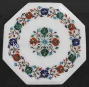 White Marble Coffee Table Top Multicolor Gemstone Inlay Work Corner Side Table