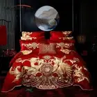 4/6/9Pcs Red Luxury Gold Phoenix Loong Embroidery Bedding Set, 100% Cotton,