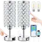 Crystal Lamp Touch Control Set of 2, Sliver Crystal Table Lamps with USB C+A ...