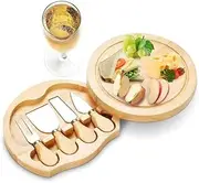 LMSNE Bamboo Cheese Board with Cutlery Set, Round Charcuterie Board with Slide-Out Drawer, Wooden Serving Platter with Cutlery