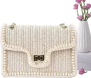 [Kaxenig] Shoulder Bag for Women | Women Straw Faux Pearl Shoulder Bag,Strap Detachable Multi-Purpose Organizer Fashionable Casual Wear Pouch for Girlfriend, Wife, Mother