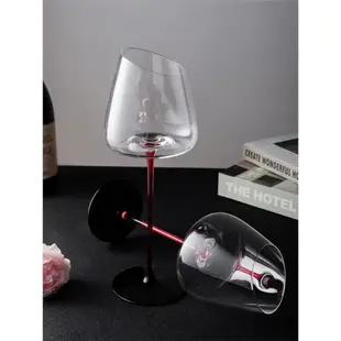 紅挺黑底斜口紅酒杯香檳杯葡萄酒杯冷切口凹底水晶玻璃網紅高腳杯