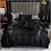 Imitation Silk Quilt Duvet Cover 100% Satin Bedding Set Pillowcase Bed Linen Comforter Luxury Home King Queen Twin Pure Color(Black,150x200CM)