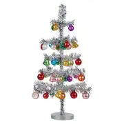 Vintage Silver Tinsel Tree With Ornaments
