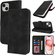 Cavor for iPhone 15 Case Leather Wallet Folio Flip Cover with Kickstand and Photo Holder Card Slots Protective Shockproof Phone Cases-Matte Style Black