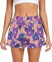 [FRODOTGV] Large Purple Flowers Women's Athletic Shorts Loose & Comfy Exercise Shorts for Travel Volleyball Running Cycling S